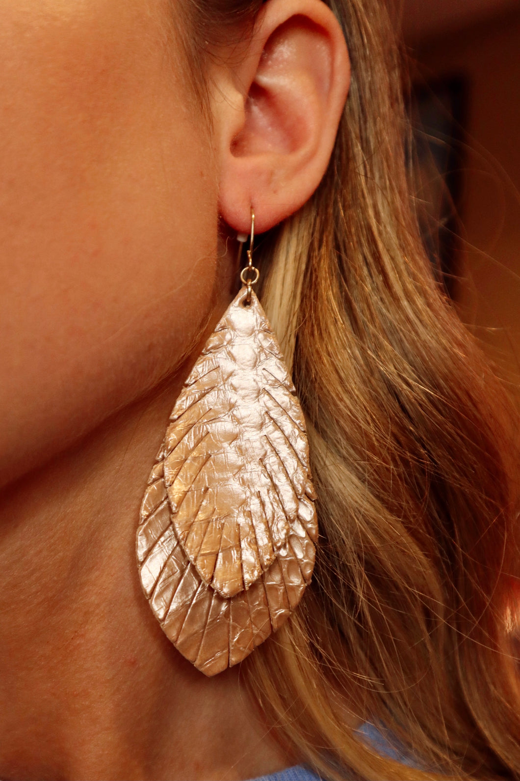 Rose Gold Leather Feather Earrings